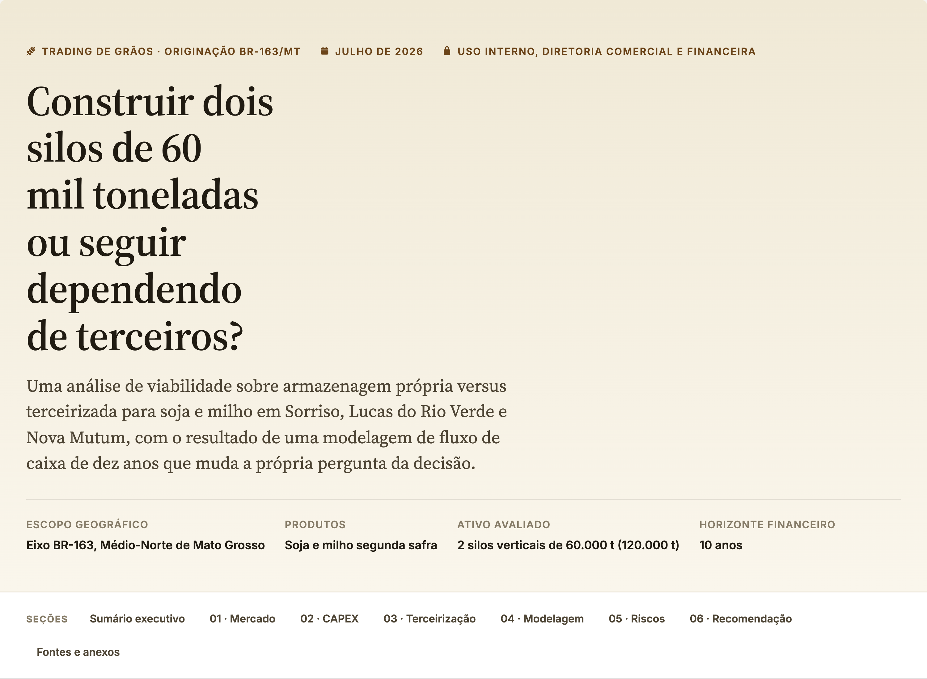 Página inicial da comparação entre silos próprios e armazenagem contratada para soja e milho no eixo da BR-163, em Mato Grosso