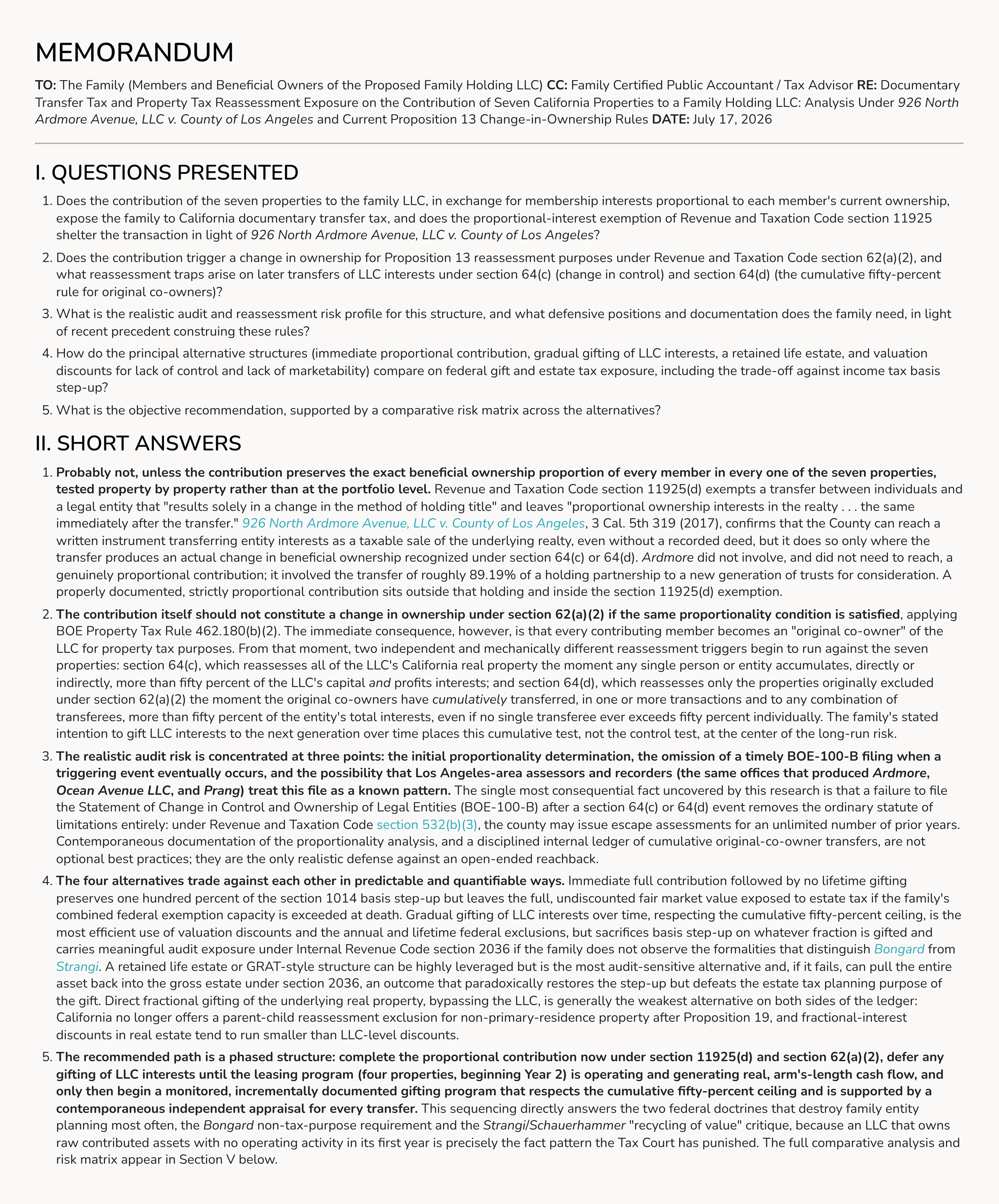 Cover of the memorandum on California property transfers to a family LLC