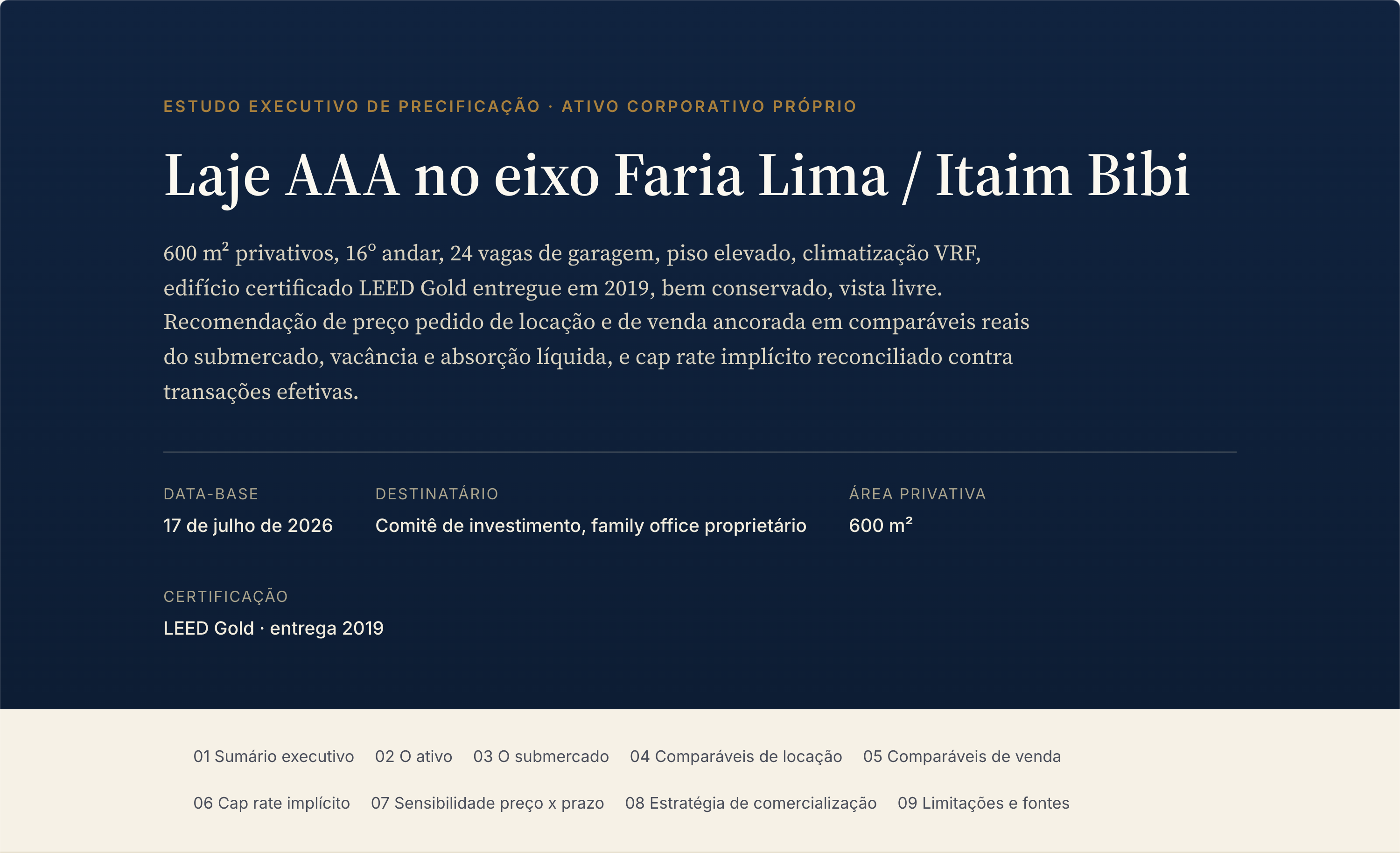 Página inicial do estudo de precificação de uma laje corporativa na Faria Lima