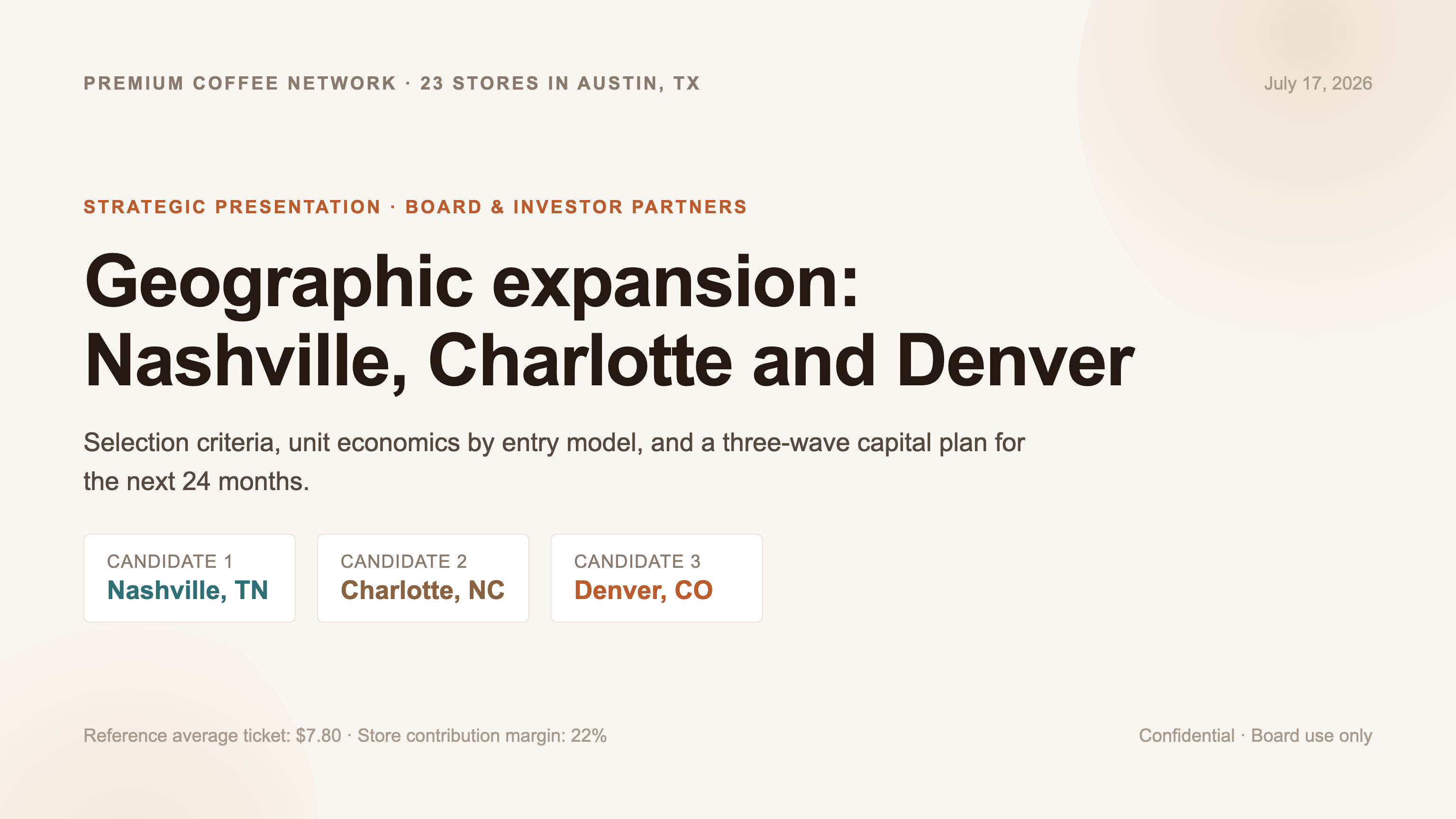 Cover of the coffee-chain expansion presentation comparing three cities