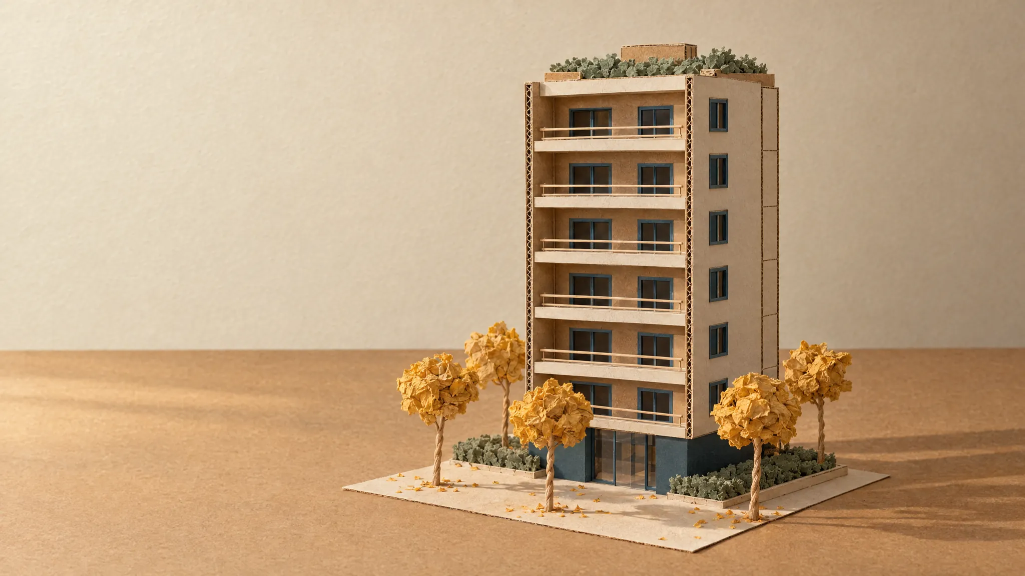Imagen clave del Residencial Ipê: la maqueta de cartón de un edificio de ocho pisos entre ipês amarillos, con la luz del final de la tarde